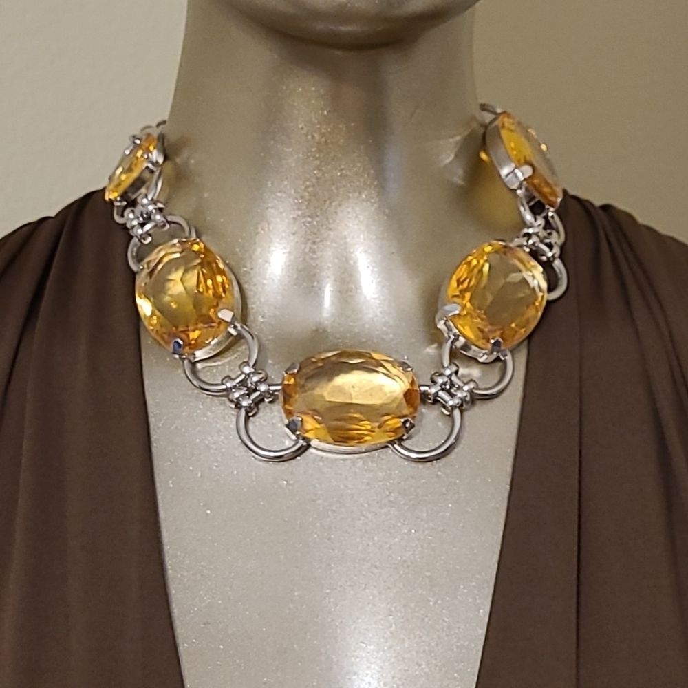 Vintage Signed RJ Graziano Citrine Crystal Gunmetal Couture Choker Necklace - Picture 7 of 16